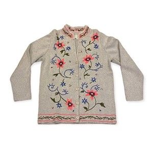 Vintage Norm Thompson Grey Embroidered Floral Cardigan
